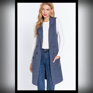 Sleeveless Notched Collar with Side Pocket Long Sweater Vest